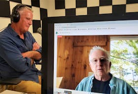 Columnist John DeMont, left, chats remotely with comedian Ron James.