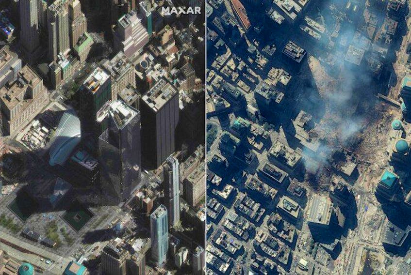  This combination of satellite images courtesy of MAXAR, created on September 09, 2021, shows “Freedom Tower” (R) with the National 9/11 Memorial & Museum in New York City on April 6, 202, and Ground Zero on September 15, 2001 following the attach on the World Trade Center’ Twin Towers.