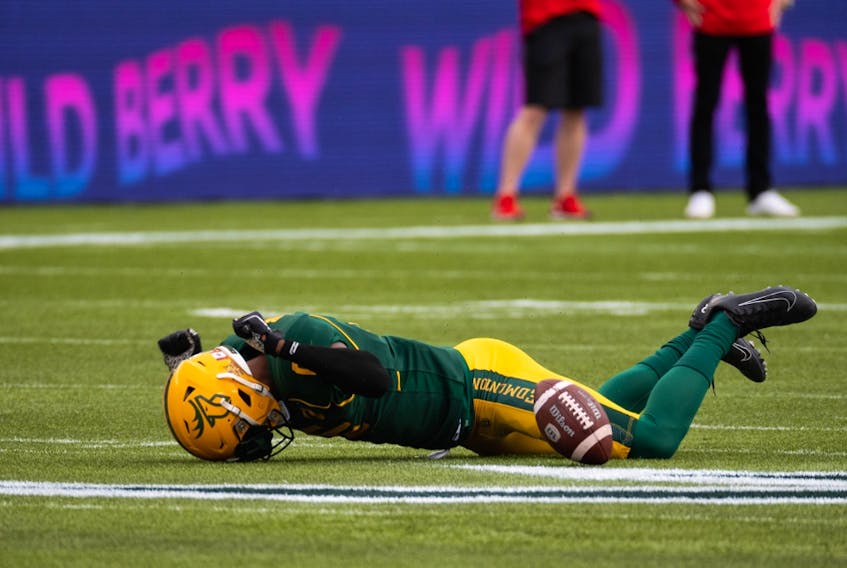 Edmonton Elks’ Jonathan Rose (0) reacts to a missed interception on the Calgary Stampeders during first half CFL football action at Commonwealth Stadium in Edmonton, on Saturday, Sept. 11, 2021.