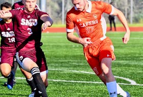 Cape Breton’s Cian Lynch didn’t take long to make his mark in his first game with the Capers as he tallied the winning goal late in the second half to propel his squad to a 2-1 victory over the Saint Mary’s Huskies in Saturday’s AUS men’s soccer season-opening match at the Cape Breton Health Recreation Complex. VAUGHAN MERCHANT/CAPE BRETON UNIVERSITY