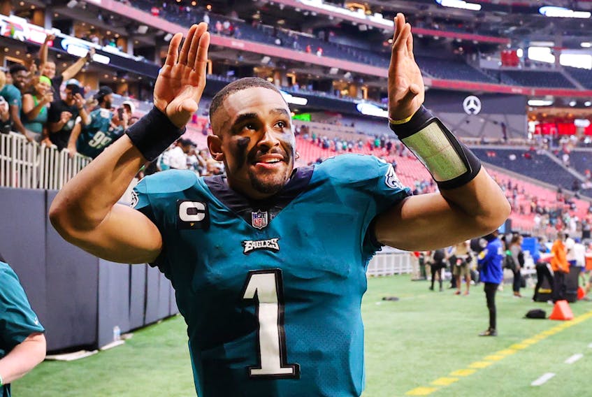  Jalen Hurts of the Philadelphia Eagles celebrates after the game against the Atlanta Falcons at Mercedes-Benz Stadium on September 12, 2021 in Atlanta, Georgia. (Photo by Kevin C. Cox/Getty Images)