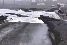 A section of Route 90 along St. Vincent's Beach, N.L. suffered damage in hurricane Larry on Sept. 10-11, 2021.