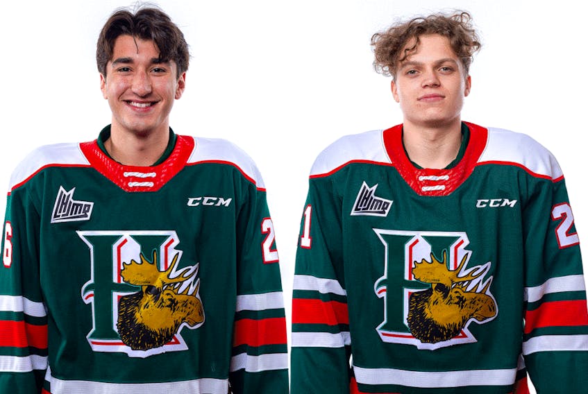 James Swan, left, and Attilio Biasca are out of the Halifax Mooseheads lineup with hand injuries.