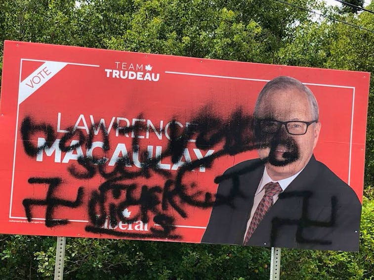 A campaign sign for Cardigan riding Liberal candidate Lawrence MacAuley was vandalized with images of swastikas, male genitals and some offensive language. MacAuley's campaign officials said the vandalism is believed to have happened around 2 p.m. on Friday, Sept. 10.  