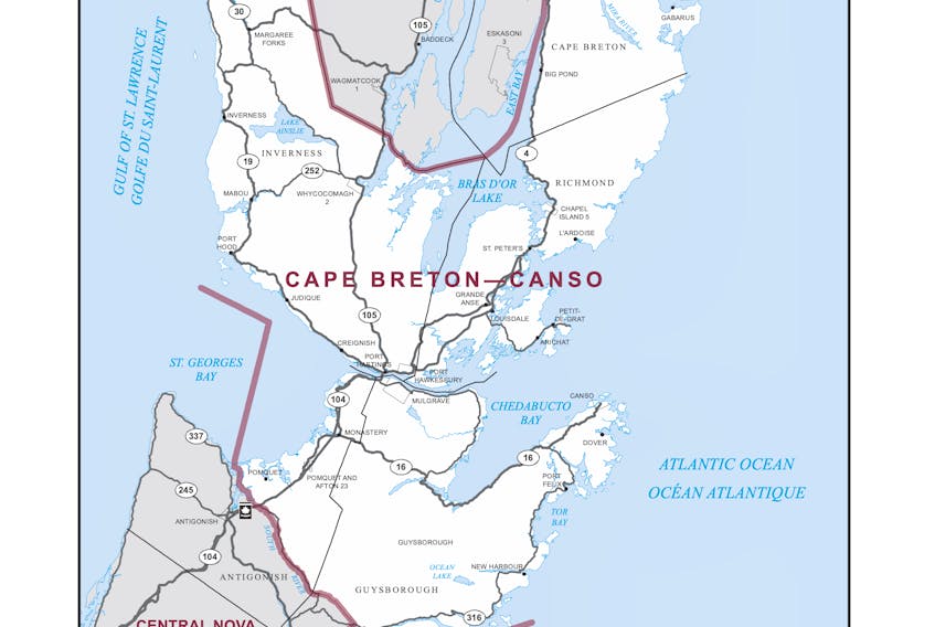 This map outlines the federal riding of Cape Breton-Canso for the Sept. 20 election. CONTRIBUTED