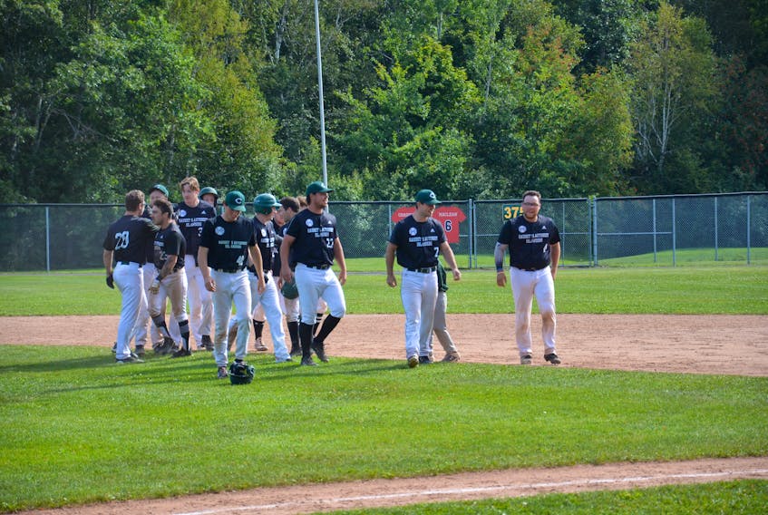 The Charlottetown Gaudet’s Auto Body Islanders celebrate a walk-off win against the Saint John Alpines in Game 2 in the best-of-seven semifinal series in the New Brunswick Senior Baseball League semifinal series at Memorial Field on Aug. 29. The Islanders return to Memorial Field for Game 2 in the best-of-seven final series against the Moncton Fisher Cats on Sept. 13 at 7:30 p.m. The Islanders won Game 1 in Moncton, N.B., 1-0 on Sept. 12.