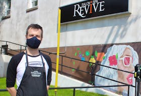 Mike MacDonald, master stylists and owner of Revive Hair Studio and Spa, stands outside his Sydney business on June 1, 2020, the first day back to work after the first provincewide closure of closed non-essential businesses as part of the COVID-19 pandemic response to stop spread. NICOLE SULLIVAN/CAPE BRETON POST  