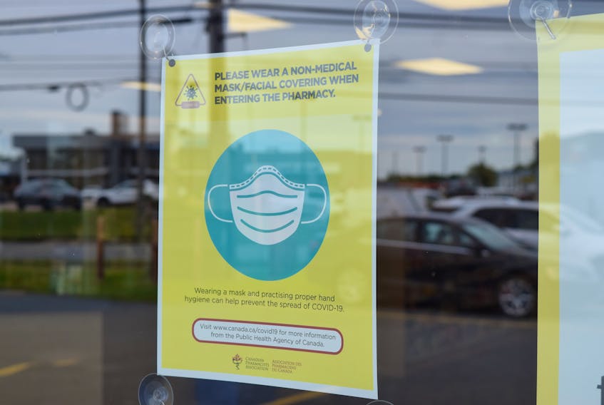 A mandatory mask notice in the window of the Medicine Shoppe Pharmacy on Welton Street in Sydney. Owner Hugh Toner says as of Wednesday the public will not have to wear a mask in his pharmacies but the staff will be wearing them. Sharon Montgomery-Dupe/Cape Breton Post