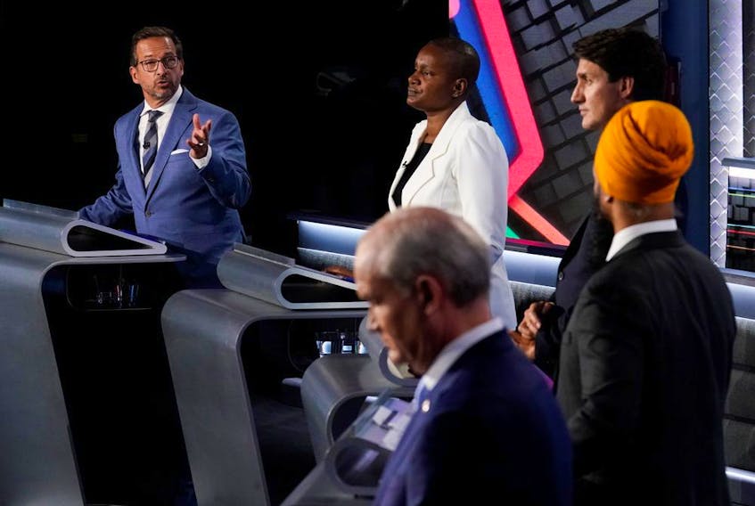 Federal party leaders take part in the English-language debate in Gatineau on Sept. 9, 2021. 