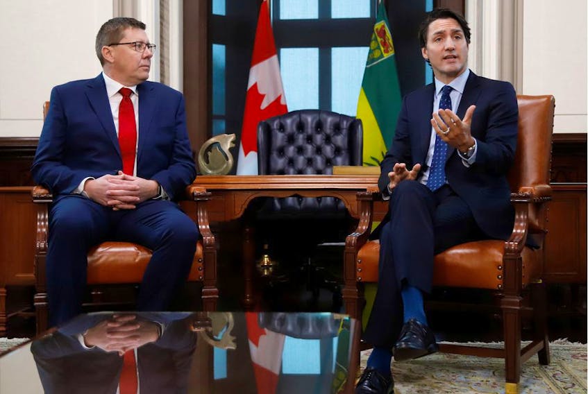 Canada's Prime Minister Justin Trudeau meets with Saskatchewan's Premier Scott Moe on Parliament Hill in Ottawa, on Nov. 12, 2019.
