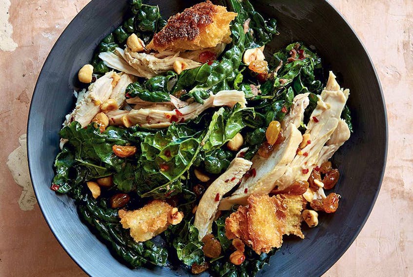 Warm kale and chicken salad with toasted hazelnuts and croutons from Antoni: Let's Do Dinner.