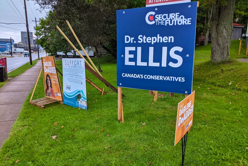 This picture was taken not long after the Nova Scotia general election at a popular corner for posting signs at Young and Brunswick streets in Truro. Darlene DeAdder ran for the Nova Scotia NDP's in the provincial riding of Truro-Bible Hill-Millbrook-Salmon River, while Dr. Stephen Ellis is currently running for the Conservative Party of Canada in the federal riding of Cumberland-Colchester. 