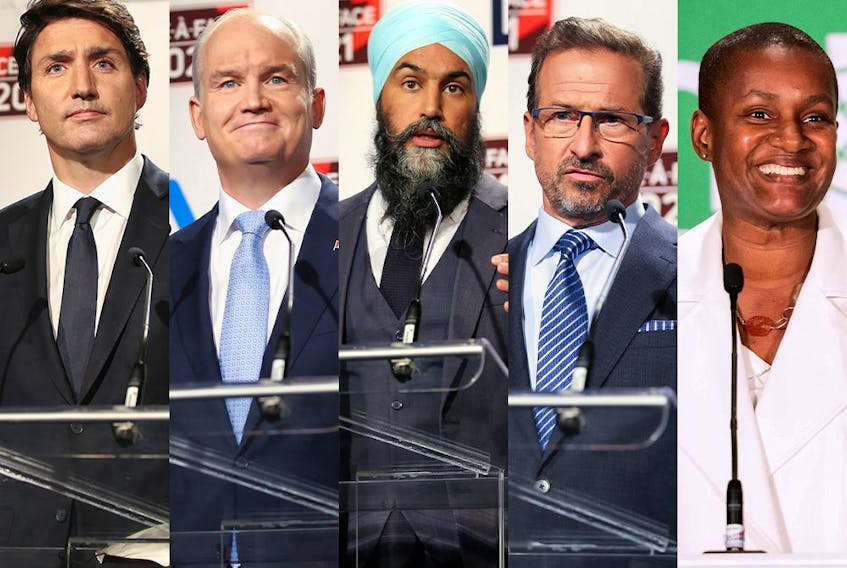  From left: Liberal Leader Justin Trudeau, Conservative Leader Erin O’Toole, NDP Leader Jagmeet Singh, Bloc Québécois Leader Yves-François Blanchet and Green Party Leader Annamie Paul.