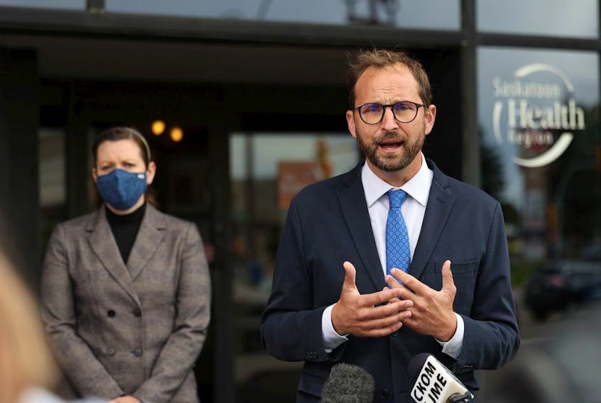 NDP Leader Ryan Meili speaks to media to outline his strategy to boost the number of second COVID-19 vaccine doses to increase the province's lagging vaccination rates. Photo taken in Saskatoon on Wednesday, Sept. 15, 2021.