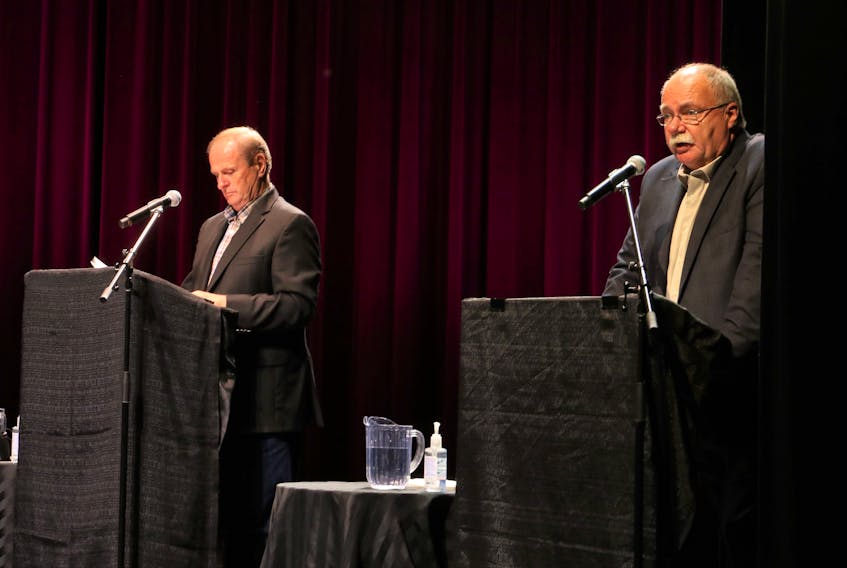 Egmont candidates Bobby Morrissey (Liberal) and Barry Balsom (Conservative), frequently squared off during the Egmont all-candidates debate on Tuesday over issues ranging from childcare to supports to small businesses.