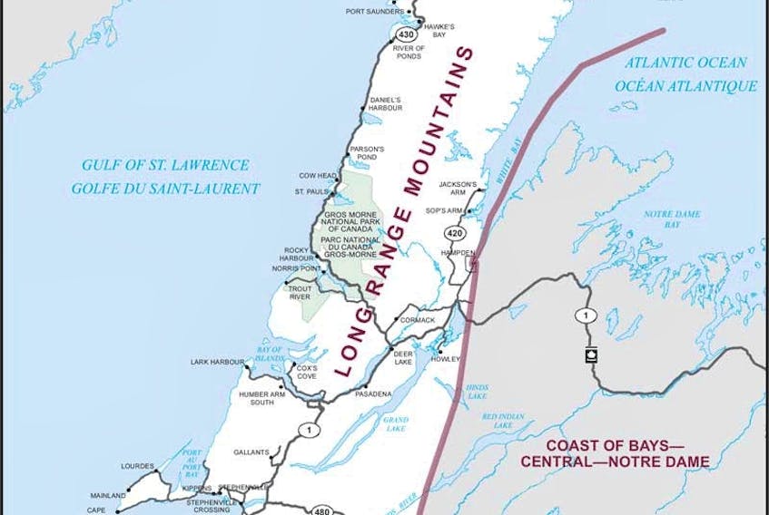 The riding of Long Range Mountains in Newfoundland.