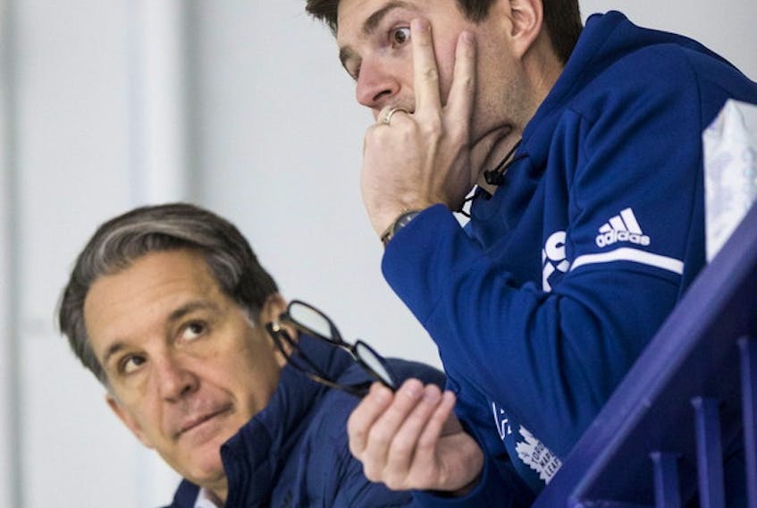 Maple Leafs GM Kyle Dubas (right) and team president Brendan Shanahan will be on the hot seat this season, with the team having crashed out of the playoffs the past five seasons.