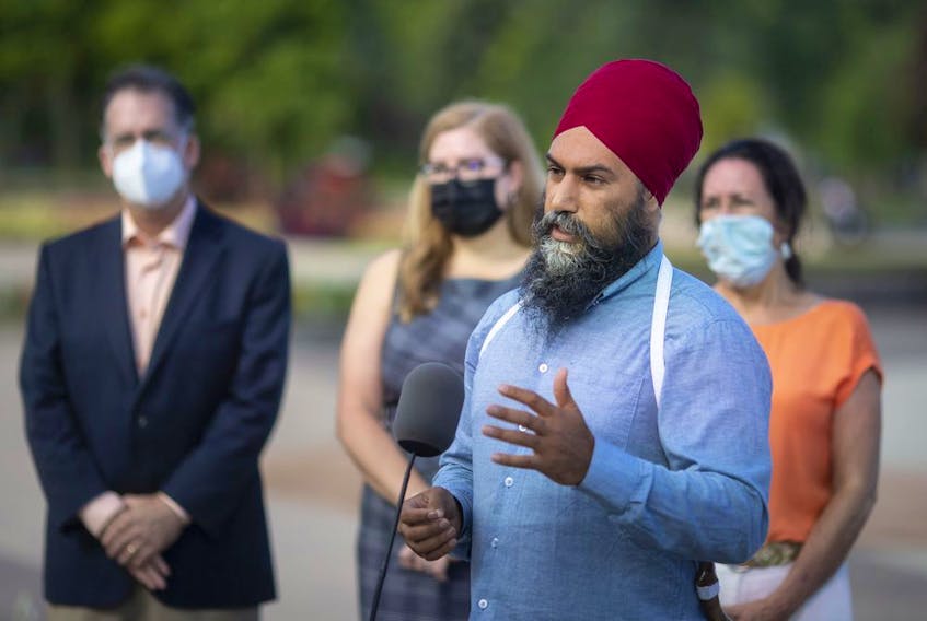 NDP leader, Jagmeet Singh, is joined by local NDP candidates, Brian Masse, Stacey Ramsay, and Cheryl Hardcastle, as he makes a campaign stop in Windsor at Coventry Gardens, on Wednesday, August 25, 2021.  