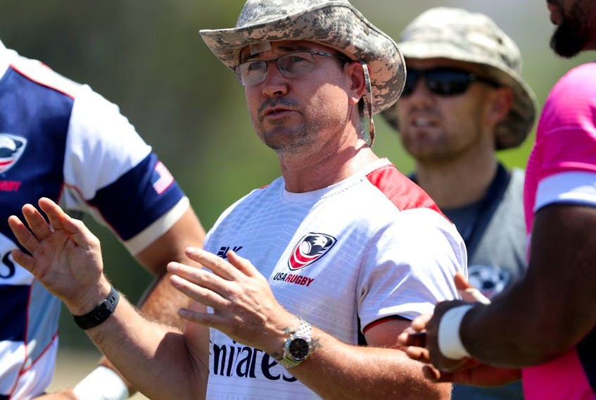 U.S. men's rugby head coach Mike Friday talks with the team during training at the Olympic Training Center on July 14, 2016, in Chula Vista, Calif.