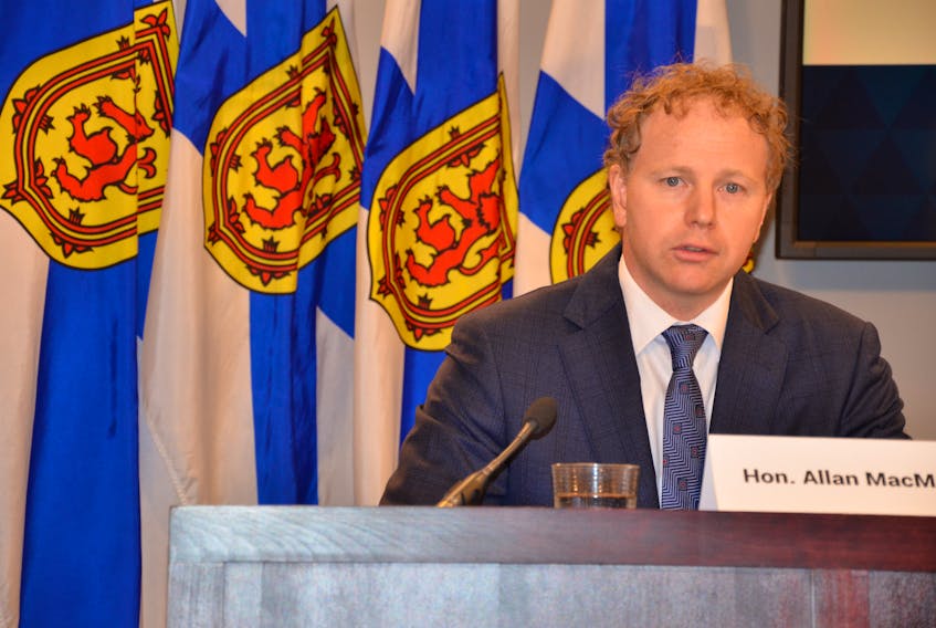 Finance Minister Allan MacMaster provides a look at Nova Scotia's public accounts during a briefing Thursday, Sept. 16, 2021, at One Government Place in downtown Halifax. The financial statements close the province's books on fiscal 2020-21.