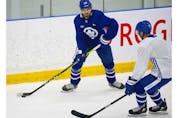 Toronto Maple Leafs defenceman Timothy Liljegren (37) fires a puck across the ice at their practice facility in Etobicoke on Wednesday September 15, 2021. Jack Boland/Toronto Sun/Postmedia Network
