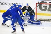 Toronto Maple Leafs  goalie Petr Mrazek defends the front of his crease at their practice facility in Etobicoke on Wednesday September 15, 2021. Jack Boland/Toronto Sun/Postmedia Network