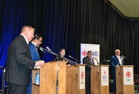 Five of the six candidates running in Sydney-Victoria participated in the debate hosted by CBC Cape Breton on Wednesday night at Centre 200 in Sydney. Pictured left to right: Jaime Battiste (Liberal), Jeff Ward (NDP), Nikki Boisvert (Marxist-Leninist Party), Ronald Barron (PPC), and Eddie Orrell (Conservative). Mark Embrett of the Green Party was absent. ARDELLE REYNOLDS/CAPE BRETON POST
