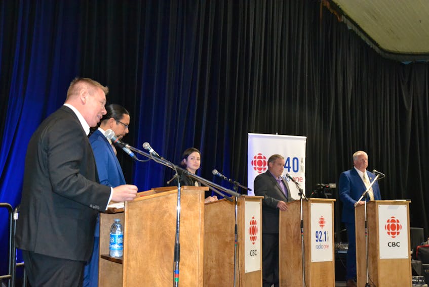 Five of the six candidates running in Sydney-Victoria participated in the debate hosted by CBC Cape Breton on Wednesday night at Centre 200 in Sydney. Pictured left to right: Jaime Battiste (Liberal), Jeff Ward (NDP), Nikki Boisvert (Marxist-Leninist Party), Ronald Barron (PPC), and Eddie Orrell (Conservative). Mark Embrett of the Green Party was absent. ARDELLE REYNOLDS/CAPE BRETON POST