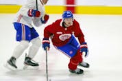 Mattias Norlinder, right, cuts in front of Gianni Fairbrother during first day of Montreal Canadiens' rookie camp at the Bell Sports Complex in Brossard on Thursday, Sept. 16, 2021.