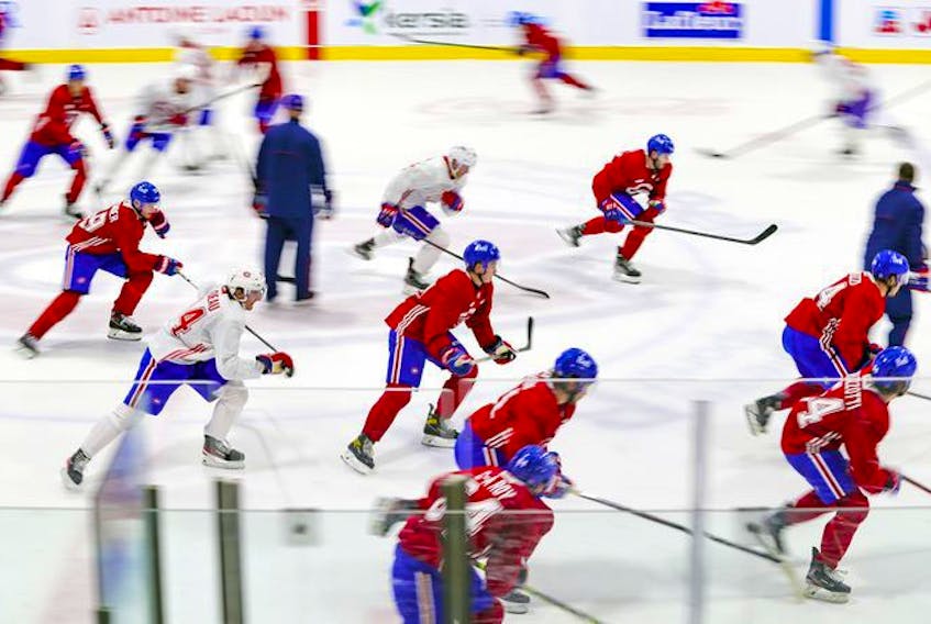 Players take a fast lap during first day of Montreal Canadiens' rookie camp at the Bell Sports Complex in Brossard on Thursday, Sept. 16, 2021.