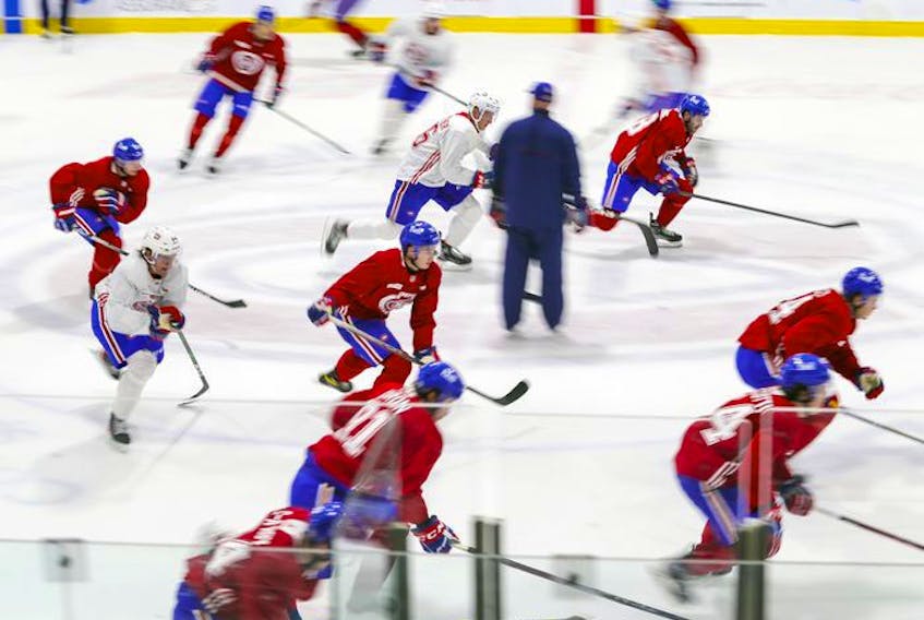Players take a fast lap during first day of Montreal Canadiens' rookie camp at the Bell Sports Complex in Brossard on Thursday, Sept. 16, 2021.