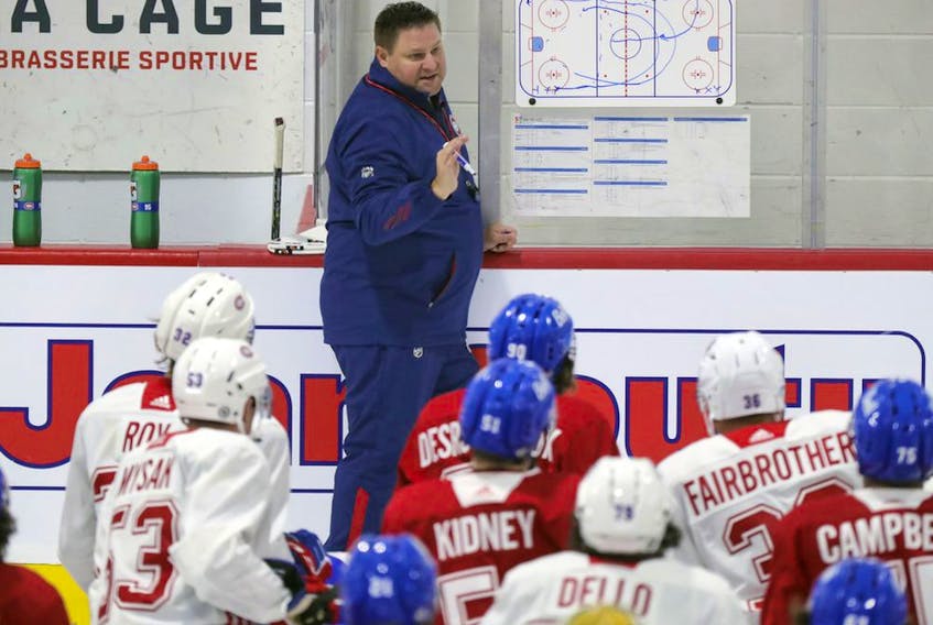 New Laval Rocket head coach Jean-Francois Houle runs the first day of Montreal Canadiens' rookie camp at the Bell Sports Complex in Brossard on Sept. 16, 2021. 