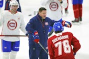 New Laval Rockets head coach Jean-François Houle runs the first day of Montreal Canadiens' rookie camp at the Bell Sports Complex in Brossard on Thursday, Sept. 16, 2021.