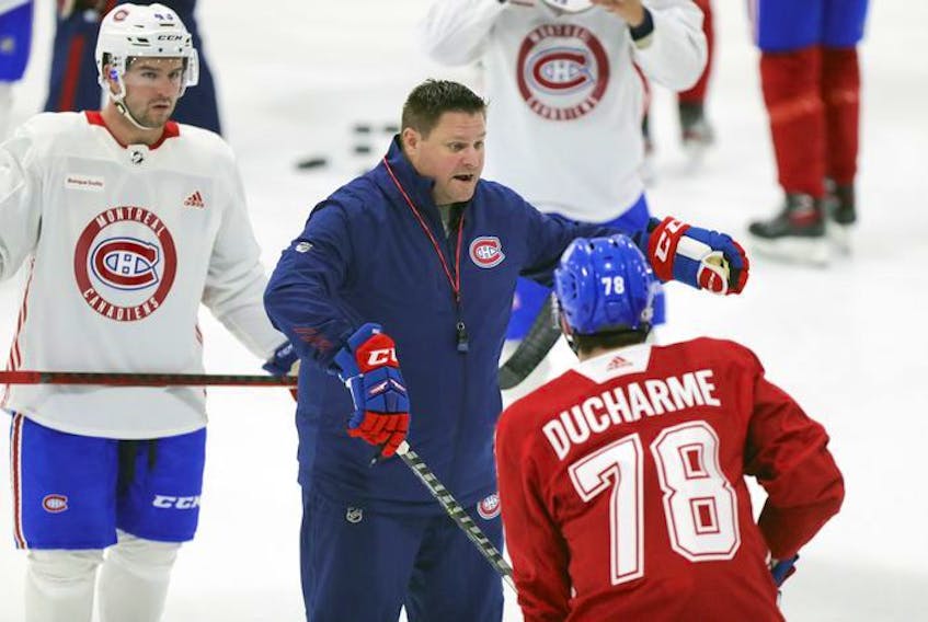 New Laval Rockets head coach Jean-François Houle runs the first day of Montreal Canadiens' rookie camp at the Bell Sports Complex in Brossard on Thursday, Sept. 16, 2021.