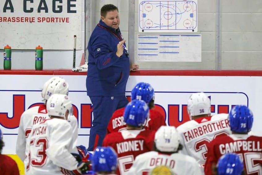 New Laval Rockets head coach Jean-Francois Houle runs the first day of Montreal Canadiens' rookie camp at the Bell Sports Complex in Brossard on Thursday, Sept. 16, 2021. 