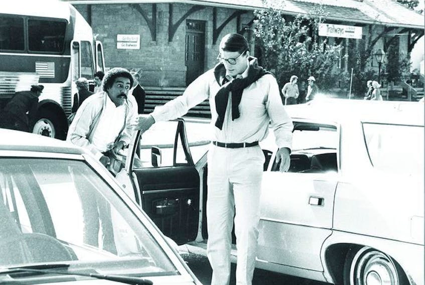  Richard Pryor and Christopher Reeve in a scene from Superman III, filmed in High River. The Museum of the Highwood was transformed into the Trailway bus depot. Courtesy, Museum of the Highwood
