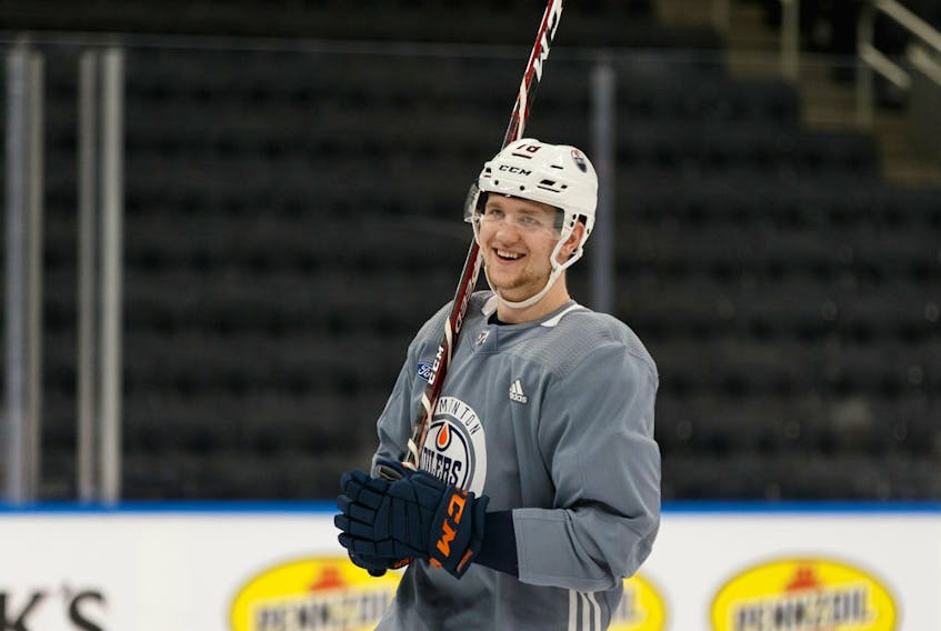 Defenceman Dimitri Samorukov takes part in Edmonton Oilers rookie camp at Rogers Place in Edmonton on Wednesday, Sept. 18, 2019.