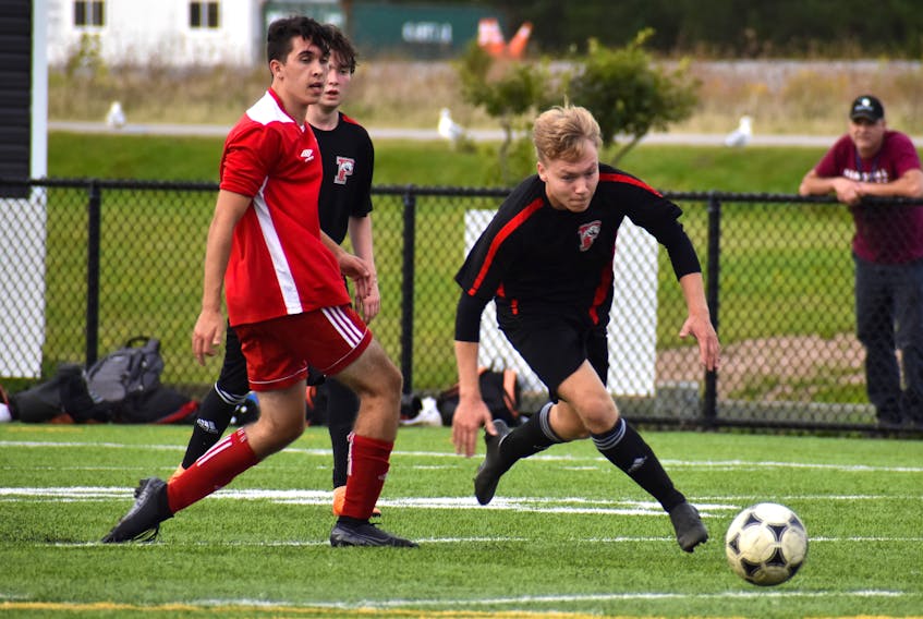 Blake Boutilier of the Glace Bay Panthers, right, blows past Lonsulu Nillux Jui of the Riverview Ravens during Cape Breton High School Soccer League boys’ action at Open Hearth Park in Sydney, Thursday. JEREMY FRASER/CAPE BRETON POST