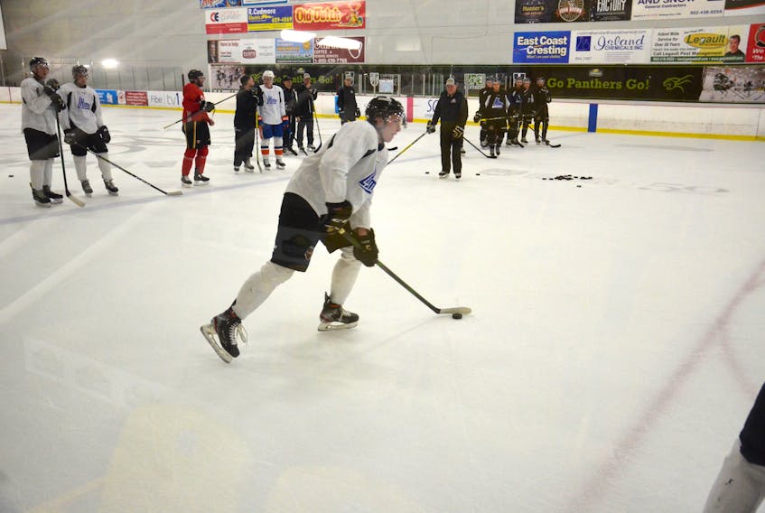 Charlottetown Islanders defenceman Ryan Maynard participates in a drill during practice at MacLauchlan Arena on Sept. 16. The Islanders host the Cape Breton Eagles in a Quebec Major Junior Hockey League game at The Mac on Sept. 18 at 4 p.m. The game is sold out and is available on the Islanders’ YouTube channel.