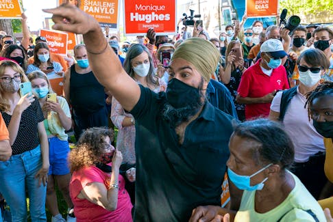NDP leader Jagmeet Singh greets supporters during a campaign stop in Oshawa, Ontario. In a recent Leger poll, 72 per cent of NDP voters said they were not likely to switch their vote this election.