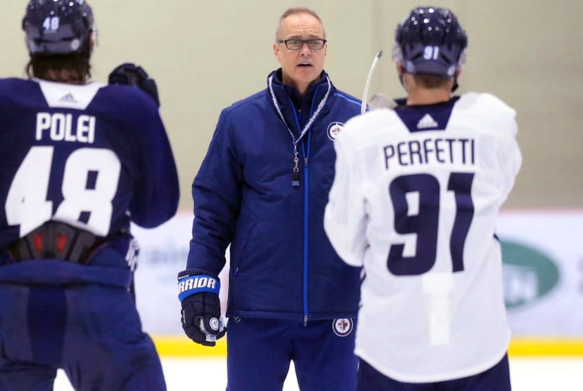 Head coach Paul Maurice speaks to his forward group during Winnipeg Jets pro minicamp at Bell MTS Iceplex in west Winnipeg on Wed., Sept. 16, 2021. KEVIN KING/Winnipeg Sun/Postmedia Network