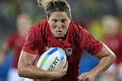  Canada’s Kelly Russell scores a try against Great Britain at the 2016 Summer Olympics in Rio de Janeiro, Brazil on Aug. 18, 2016.
