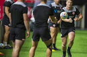  Members of Canada’s rugby sevens team during a training session at B.C. Place Stadium on Friday.