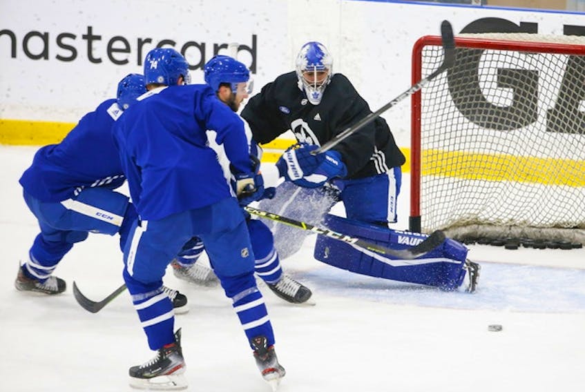 Maple Leafs goalie Petr Mrazek makes a save during a recent scrimmage. This will be Mrazek's first season in Toronto.