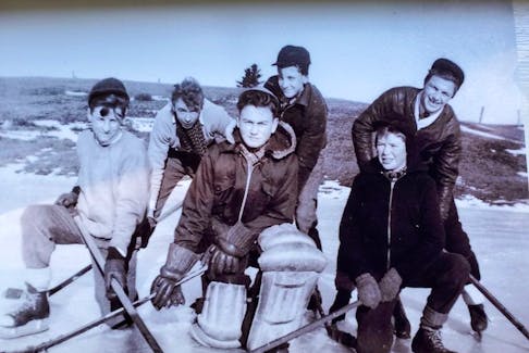 On Archibald’s Ice Pond in Harmony during the early 1940s, front row from left, Fred Henderson, Ed Dobson, and Fred MacInnes. Second row, Aubrey Blair, Jim Langille and Albert Peppard.