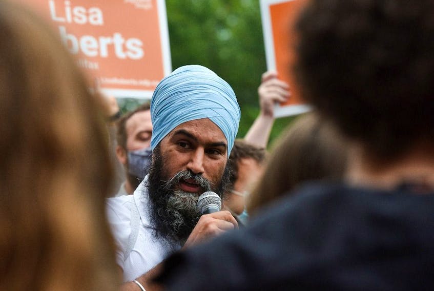 NDP leader Jagmeet Singh speaks to supporters during an election campaign tour in Halifax, on Sept. 17. 