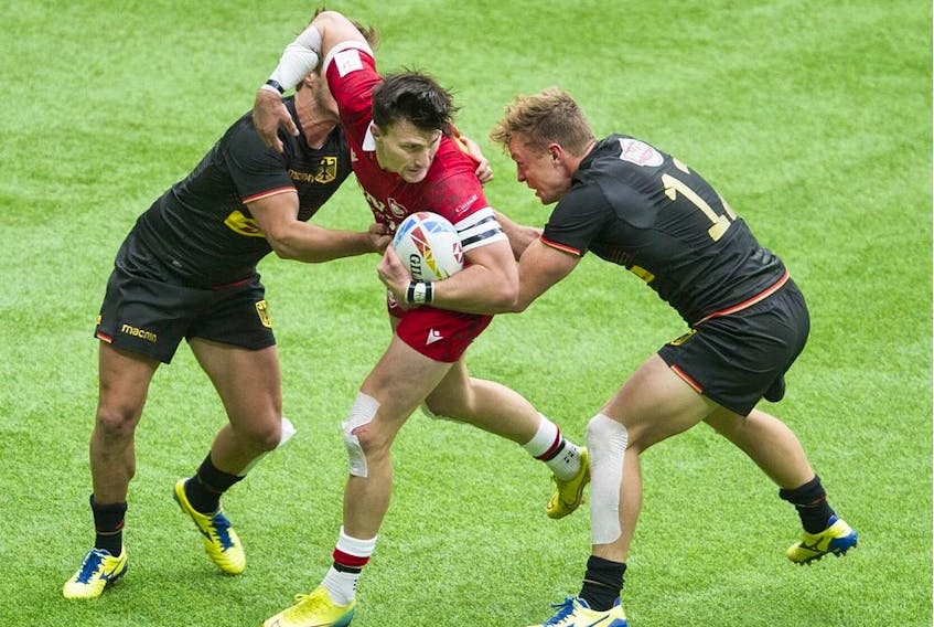 Canada in action against Germany during the HSBC World Rugby Sevens series in Vancouver on Saturday, Sept. 18, 2021.
