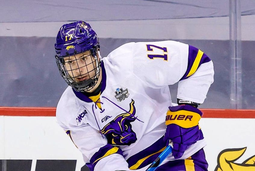 The recently signed Walker Duehr -- pictured here in action with the Minnesota State Mavericks -- showed well in the Flames' Saturday night rookie showdown with the Edmonton Oilers youngsters.