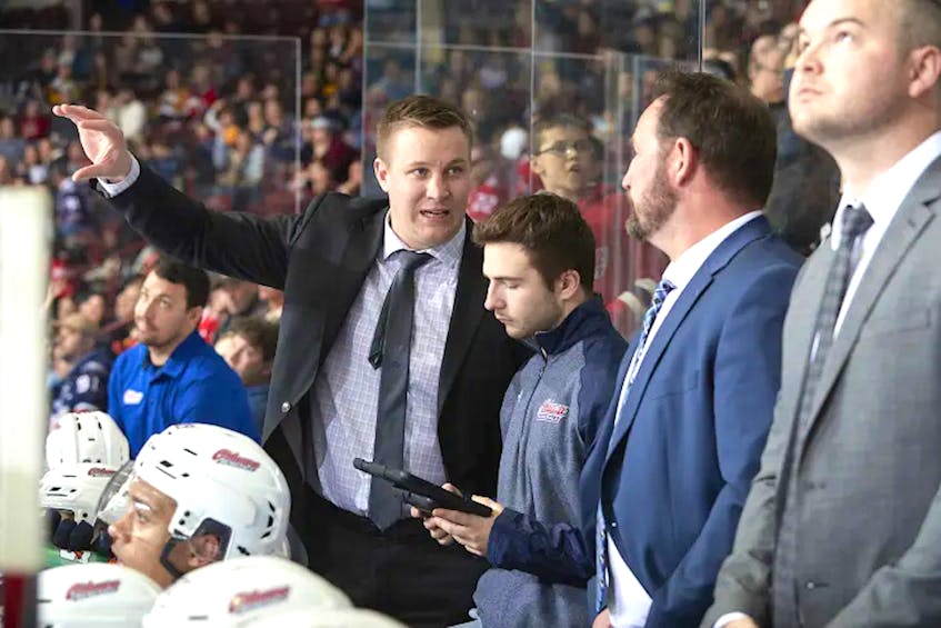 With a lease deal for Mile One Centre in St. John's in place, the Newfoundland Growlers have begun announcing staff additions for the team in advance of the 2021-22 ECHL season. One of the latest saw the hiring of Nathan McIver, shown in this file photo making a point on the bench of the OHL's Oshawa Generals. McIver, a former pro defenceman who spent some time in the NHL, was an assistant coach with Oshawa and will take on similar duties on the staff of new Growlers head coach Eric Wellwood. —  Ian Goodall photo/Goodall Media/via Newfoundland Growlers