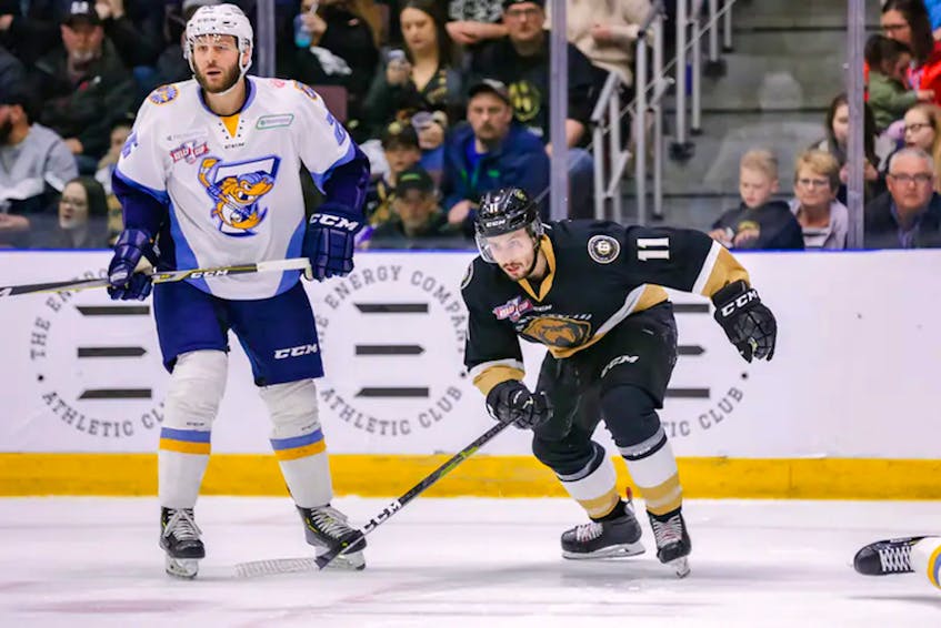 Two-way forward Derian Plouffe (11) is shown playing against the Toledo Walleye and defenceman Randy Gazzola during Game 2 of the 2019 ECHL Kelly Cup final at Mile One Centre. After a two-year absence, Plouffe is back with the Growlers. — Newfoundland Growlers file photo/Jeff Parsons
 - Contributed